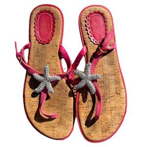 Juicy Couture Bling Flat Sandals Hot Pink starfish lined with cork sz 9 Barbie